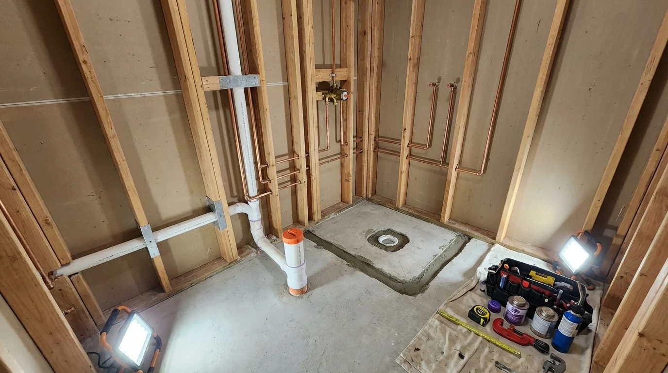 Bathroom rough-in plumbing during remodel by Johns Plumbing LLC in Shawnee