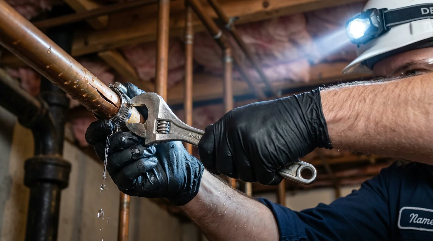 Emergency pipe clamp repair being performed by a Johns Plumbing LLC plumber in Shawnee