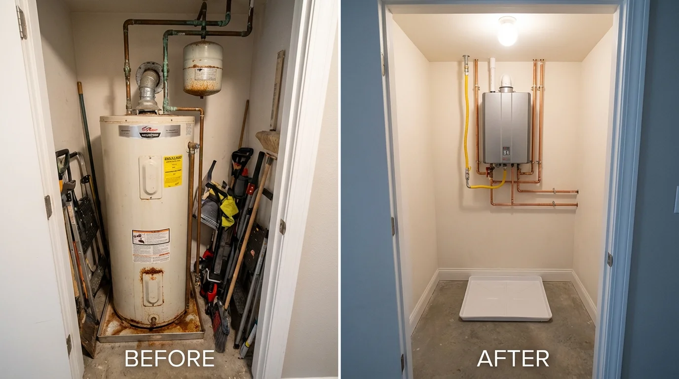 Tank water heater versus wall-mounted tankless unit comparison for Shawnee, KS homeowners