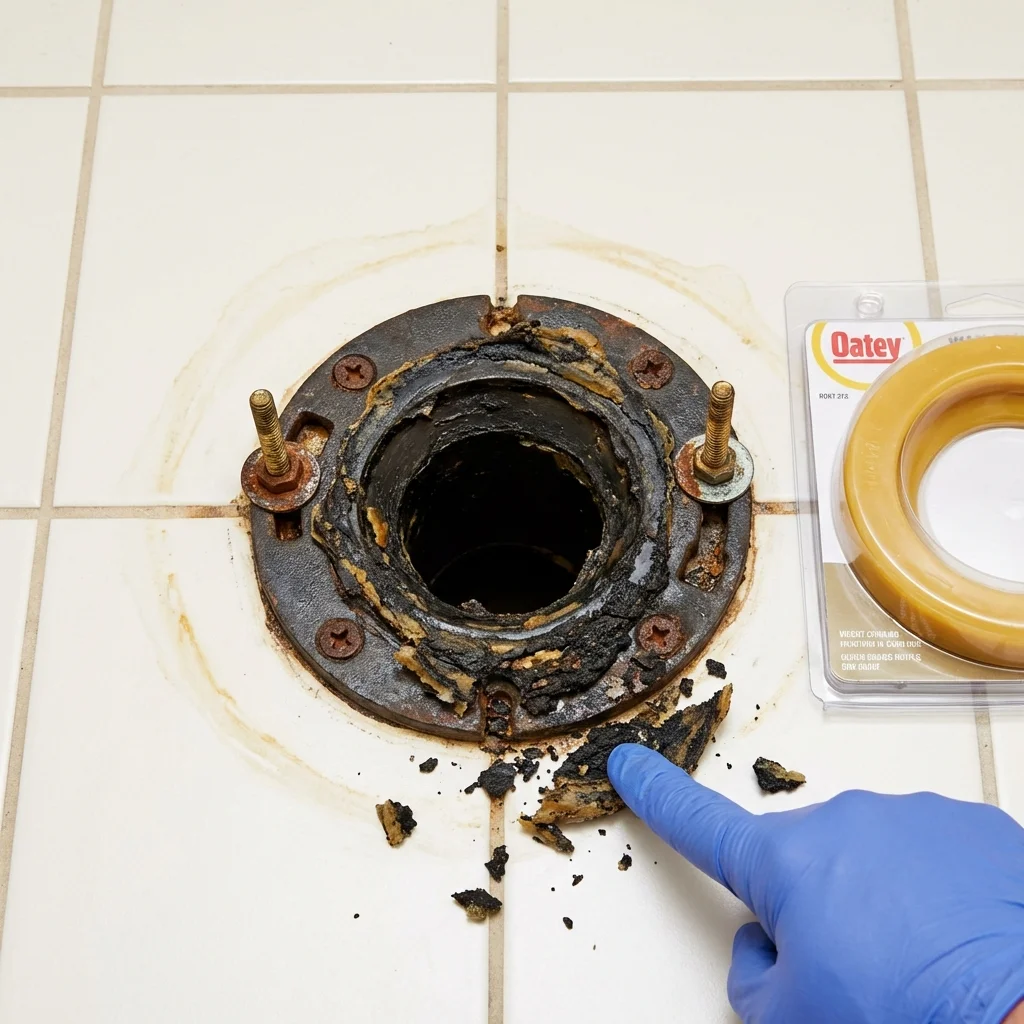 Failed wax ring showing water seepage at the base of a toilet in a Shawnee, KS home