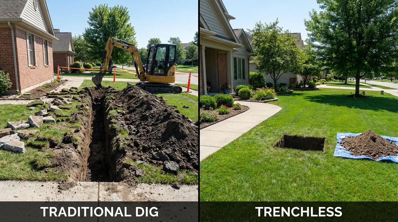 Trenchless sewer repair with minimal yard damage versus traditional excavation in Shawnee, KS